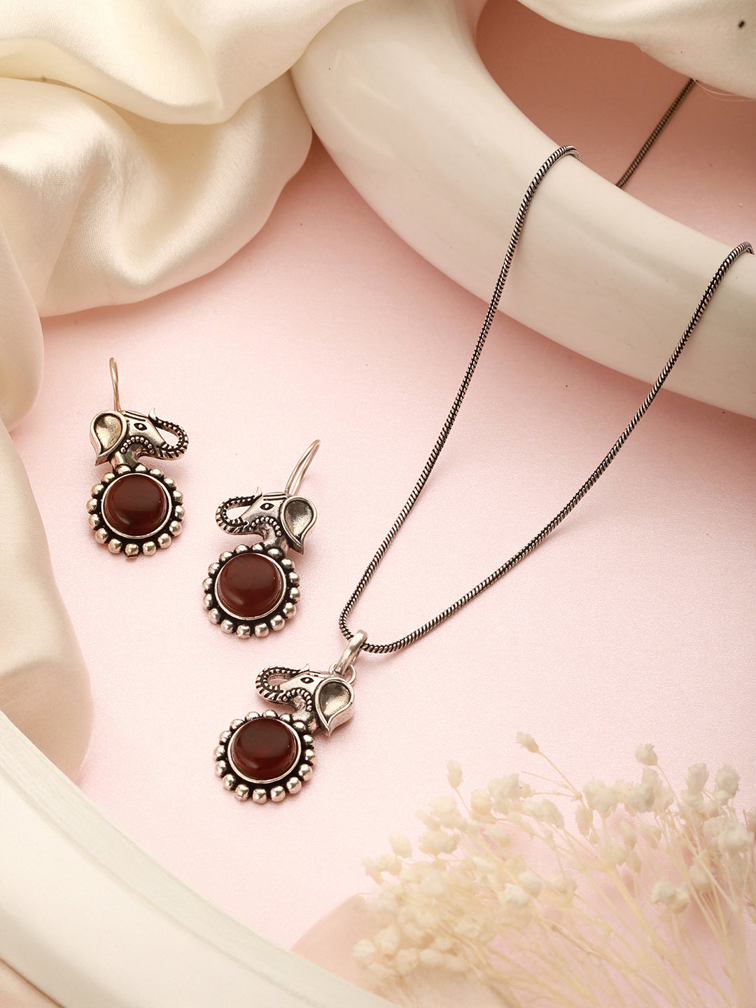 Silver Oxidised Toned Red Ruby Minimal Elephant Motif Fish Hook Earrings Pendant Jewellery Set